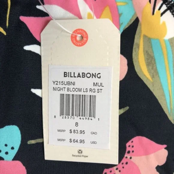 Billabong Girl’s Night Bloom Black Floral Rashguard Swimwear Set, Size 8